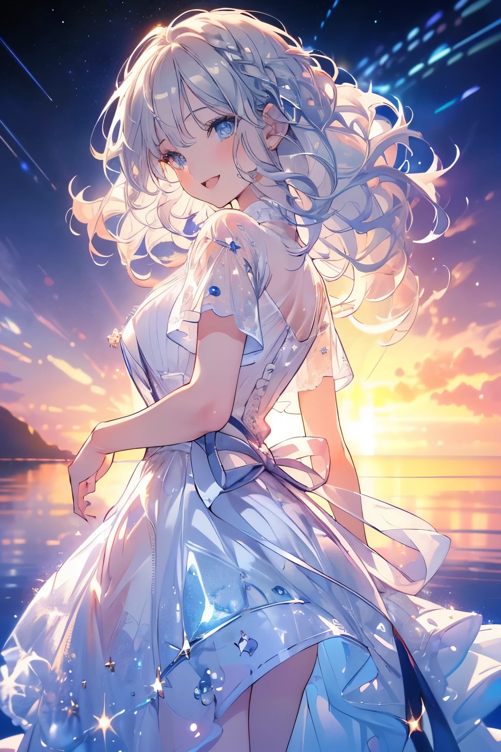 (Best quality,4K,8K,High resolution,Masterpiece:1.2),Super detailed,(Actual, Realistic),highly detailed, top quality, soft skin,Portrait,
break,
((clear blue eyes:1.2)),smiling eyes,beautiful eyelashes,beautiful lower eyelashes,
break,
((Beautiful and shiny silver hair:1.3)),A dazzling smile, a bursting smile, an open mouth laugh,
break,
very happily,look up at the sky,
break,
((short sleeve white dress,long white skirt:1.3)),
break,
((beautiful Starry sky at sunset:1.3)),((Sea with stars reflected on the water surface)),from below