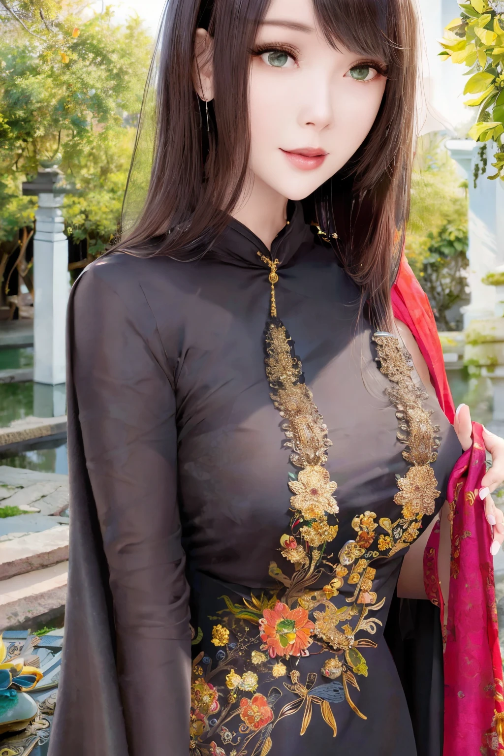 beautiful detailed eyes, beautiful detailed lips, extremely detailed eyes and face, long eyelashes, mature female, 1 girl, wearing Edgar Allan Poe cloak, Edgar Allan Poe cloak, black short hair, topknot, black and golden clothes, smiling, hands clasped in front, green eyes, large bust, tight fit, floral patterns, fish patterns, silk, embroidery, long nails, makeup, dense lashes, rings, standing in Chinese garden, detailed background, noon