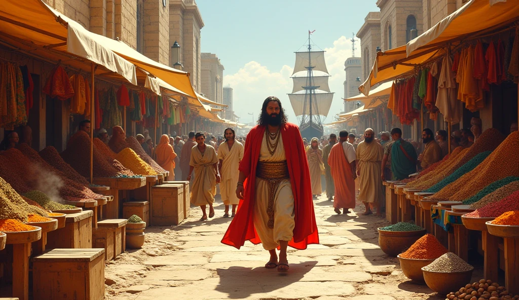 Create an image of Solomon in an outdoor setting, perhaps in a busy market, where various goods are being exchanged and sold. Each commodity represents a form of investment: spices, fabrics, jewelly, and exotic foods. Solomon is walking among the merchants, observing transactions and offering advice, symbolizing his wisdom in diversification. Ao fundo, there must be ships in the port and caravans arriving, suggesting connection with distant markets and protection against uncertainty.