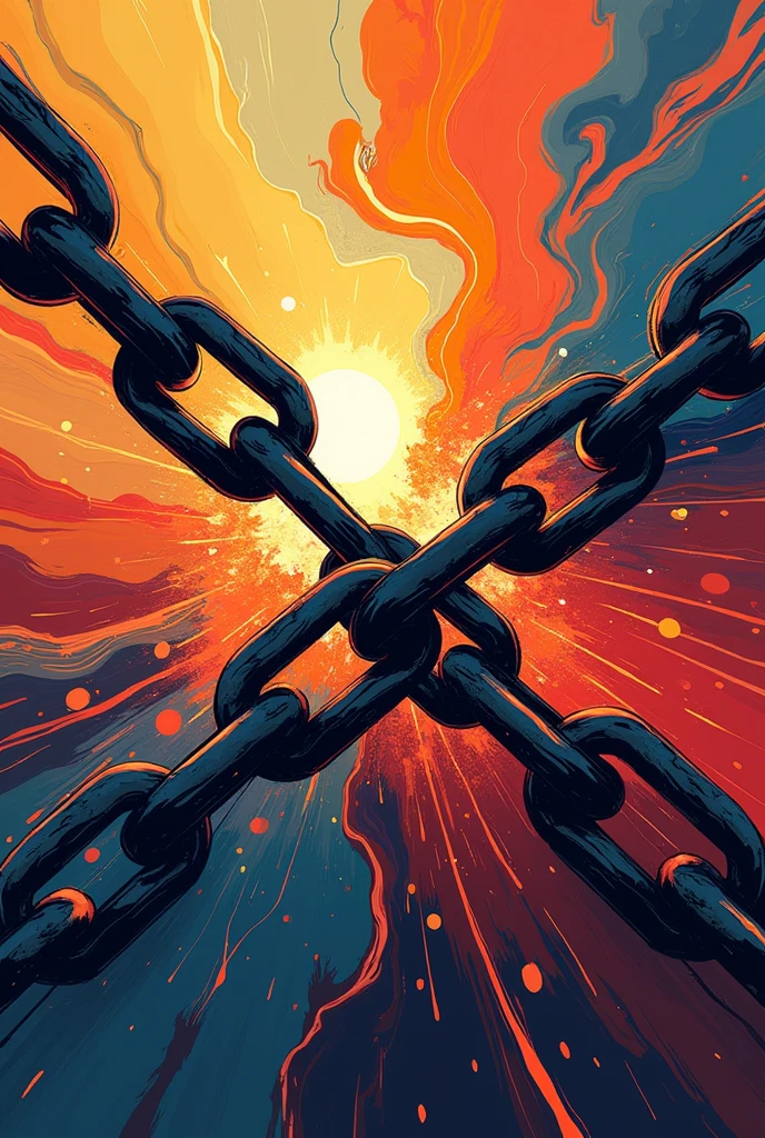 

Broken Chains:

The broken chains are depicted in a stylized, modern style, with bold lines and geometric shapes. The chains are broken, but not completely severed, suggesting the idea of liberation and freedom.