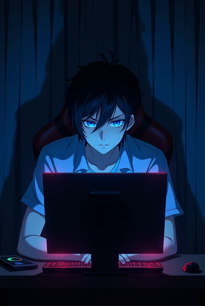 A nineteen year old anime boy with very very very thick black hair that slightly covers his face. He plays on the computer in his dark room with the curtains closed. he's tall and a little muscular