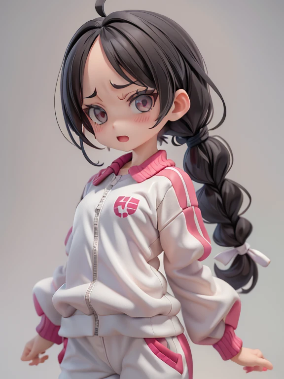 Girl、Primary school students、small、Angry、Screaming、sharp、Black Hair,、Pigtails、Braid、The forehead is visible、Forehead、Jersey、Tracksuits、Clothing patterns、Clothing Design、The front is open、whole body、
