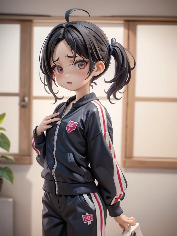 Girl、Primary school students、small、Angry、Screaming、sharp、Black Hair,、Pigtails、Braid、The forehead is visible、Forehead、Jersey、Tracksuits、Clothing patterns、Clothing Design、The front is open、whole body、
