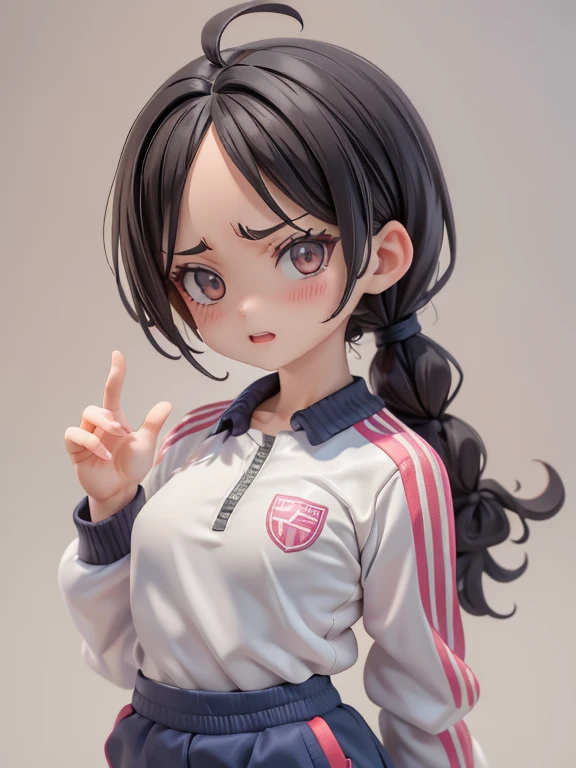 Girl、Primary school students、small、Angry、Screaming、sharp、Black Hair,、Pigtails、Braid、The forehead is visible、Forehead、Jersey、Tracksuits、Clothing patterns、Clothing Design、The front is open、whole body、
