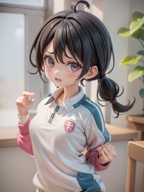 Girl、Primary school students、small、Angry、Screaming、sharp、Black Hair,、Pigtails、Braid、The forehead is visible、Forehead、Jersey、Tracksuits、Clothing patterns、Clothing Design、The front is open、whole body、
