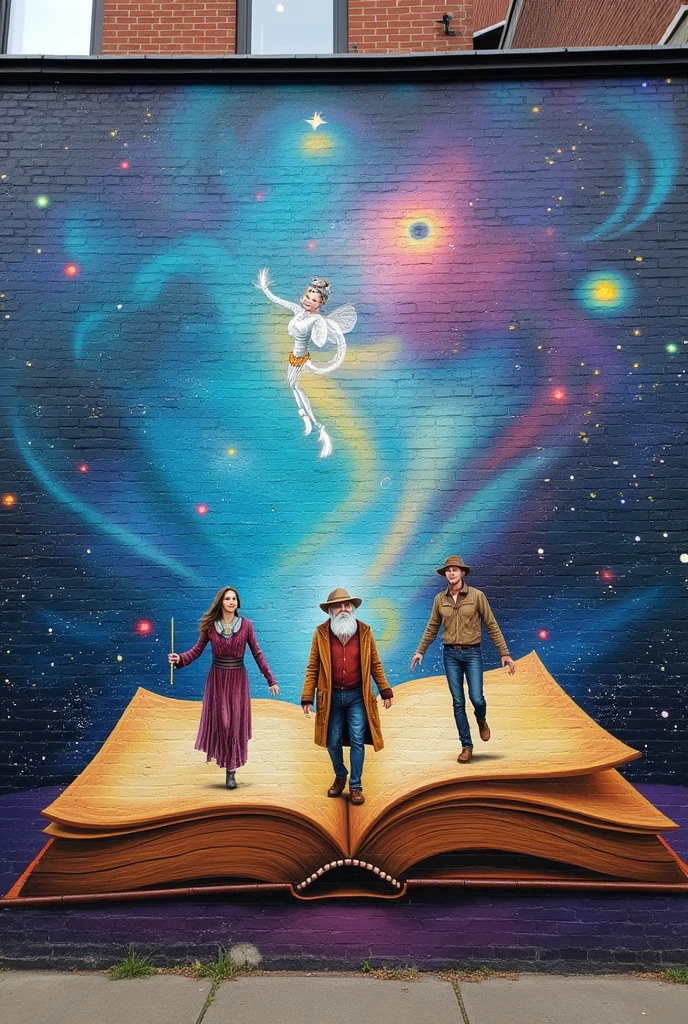 A drawing on a wall of an open book with people coming out of it and walking as if the book were a door to another universe.