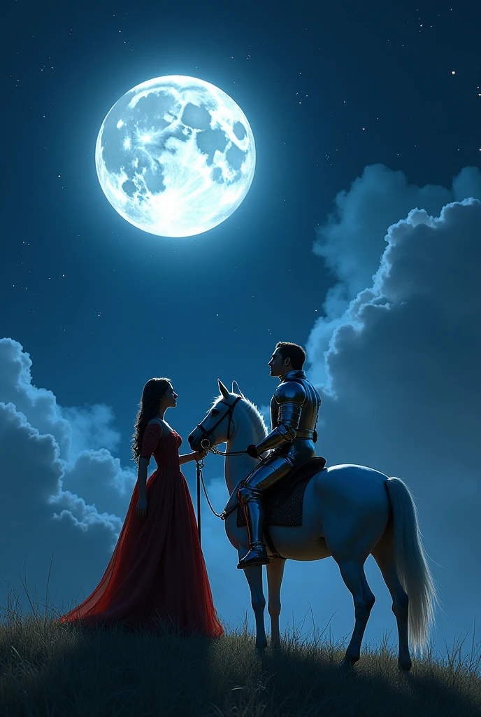 Dame and knight facing moon while holding hands and there is a horse by their side