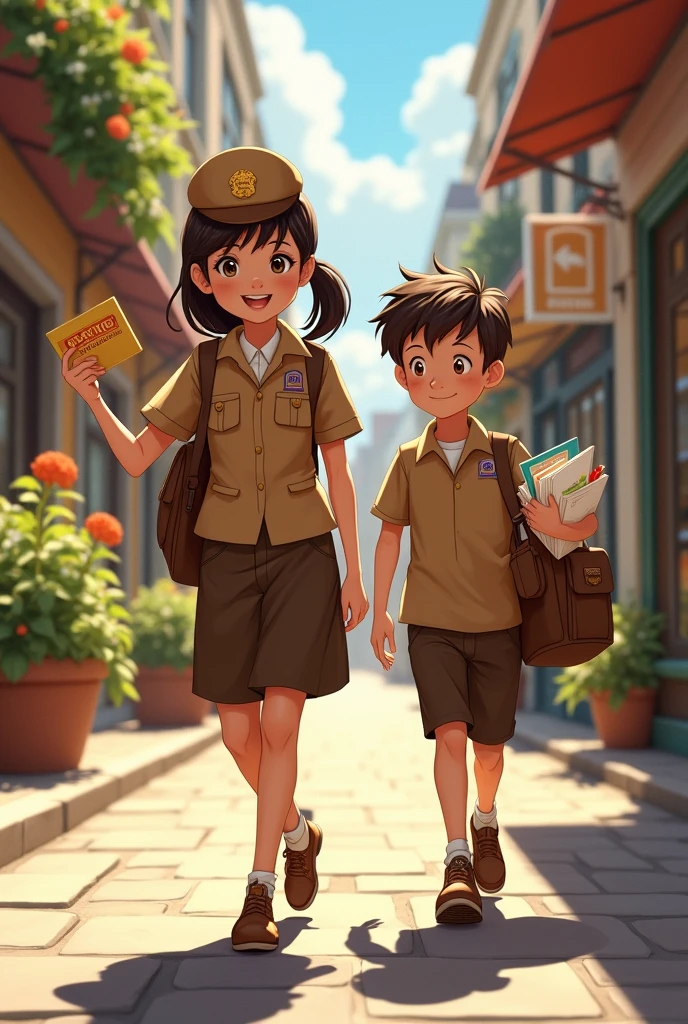 Post office lean girl with brown uniform post Letter travel with boy
