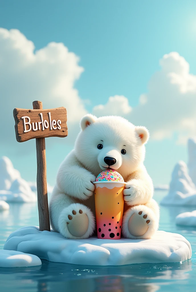 Create me a picture of a polar bear drinking a boba tea with a sign that says burbles