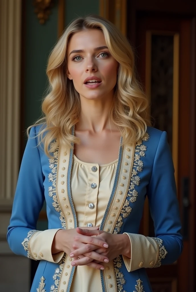 Standing and making a speech at a press conference, a woman 30 years old white woman she has wavy hair, she has long blond hair, blue eyes, slim face and nose, slim, wearing blue and cream royal dress.