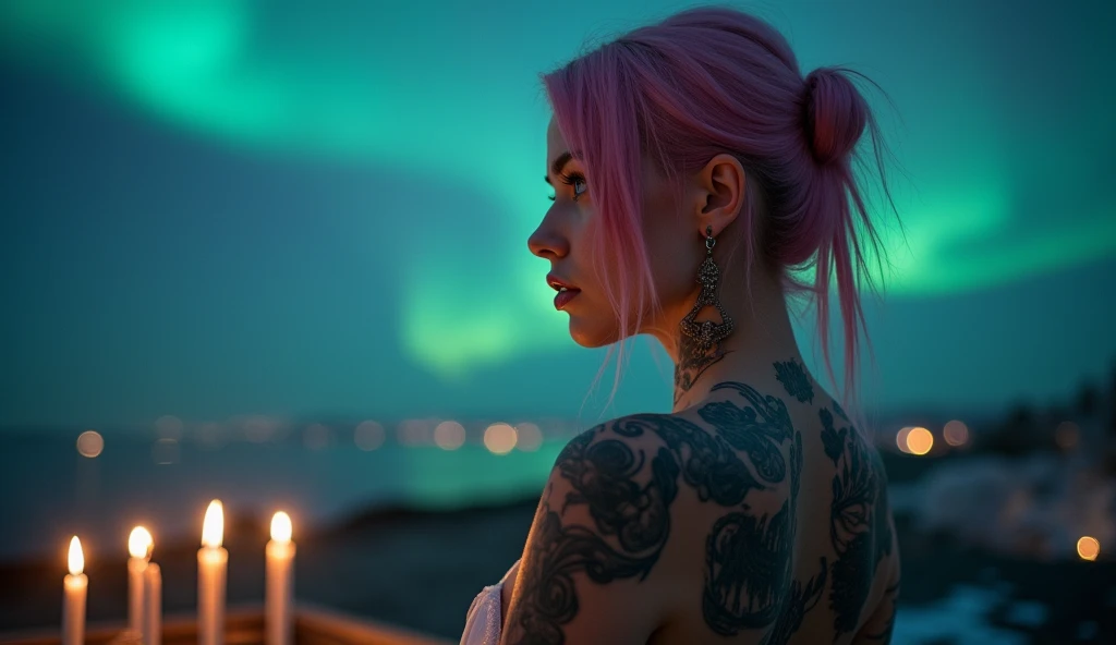 tatuados,(Very beautiful big breasts)、(Tears),(Back tattoo、Many tattoos on both arms and neck)、 (Reykjavik at night, Aurora shining in the night sky),Candlelight only,Very detailed, 21 years old, A beautiful woman,Depressed face, Pink Hair,Medium Hair, blue eyes, High resolution, masterpiece, Highest quality, Intricate details, Very detailed, Clear focus, Delicate skin, practical skin texture, texture, Delicate eyes, Professional, 8k, Sad face,despair、 Shot with Canon, 85mm, Shallow and deep, Kodak Vision Color, Exactly, Very detailed, photograph_\(Extremist\), photographpractical, practical, Post-processing, Maximum details, Roughness, Real Life, Extremist practical, Photorealism, photographgraphy, 8k ウルトラ HD, photographgraphy
