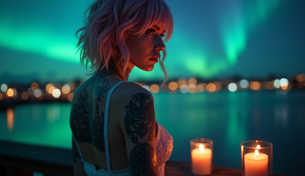 tatuados,(Very beautiful big breasts)、(Tears),(Back tattoo、Many tattoos on both arms and neck)、 (Reykjavik at night, Aurora shining in the night sky),Candlelight only,Very detailed, 21 years old, A beautiful woman,Depressed face, Pink Hair,Medium Hair, blue eyes, High resolution, masterpiece, Highest quality, Intricate details, Very detailed, Clear focus, Delicate skin, practical skin texture, texture, Delicate eyes, Professional, 8k, Sad face,despair、 Shot with Canon, 85mm, Shallow and deep, Kodak Vision Color, Exactly, Very detailed, photograph_\(Extremist\), photographpractical, practical, Post-processing, Maximum details, Roughness, Real Life, Extremist practical, Photorealism, photographgraphy, 8k ウルトラ HD, photographgraphy