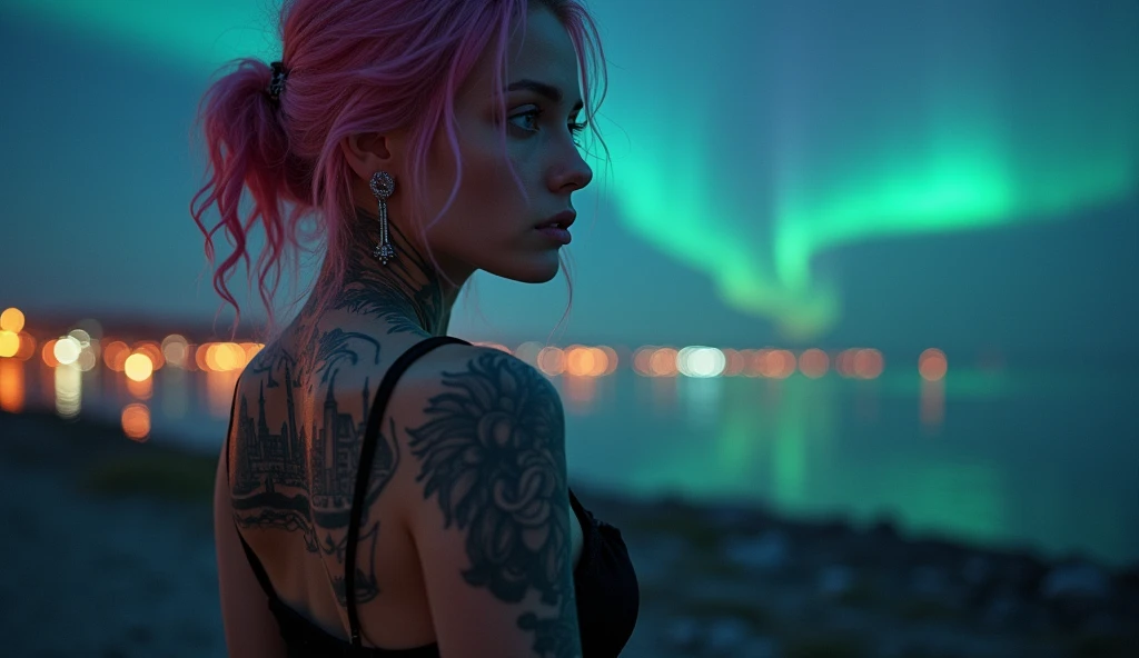 tatuados,(Very beautiful big breasts)、(Tears),(Back tattoo、Many tattoos on both arms and neck)、 (Reykjavik at night, Aurora shining in the night sky),Candlelight only,Very detailed, 21 years old, A beautiful woman,Depressed face, Pink Hair,Medium Hair, blue eyes, High resolution, masterpiece, Highest quality, Intricate details, Very detailed, Clear focus, Delicate skin, practical skin texture, texture, Delicate eyes, Professional, 8k, Sad face,despair、 Shot with Canon, 85mm, Shallow and deep, Kodak Vision Color, Exactly, Very detailed, photograph_\(Extremist\), photographpractical, practical, Post-processing, Maximum details, Roughness, Real Life, Extremist practical, Photorealism, photographgraphy, 8k ウルトラ HD, photographgraphy