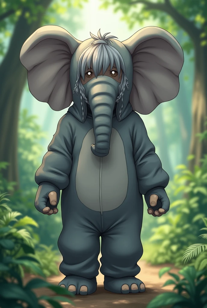 Man in elephant suit with elephant hood with gray hair no face anime