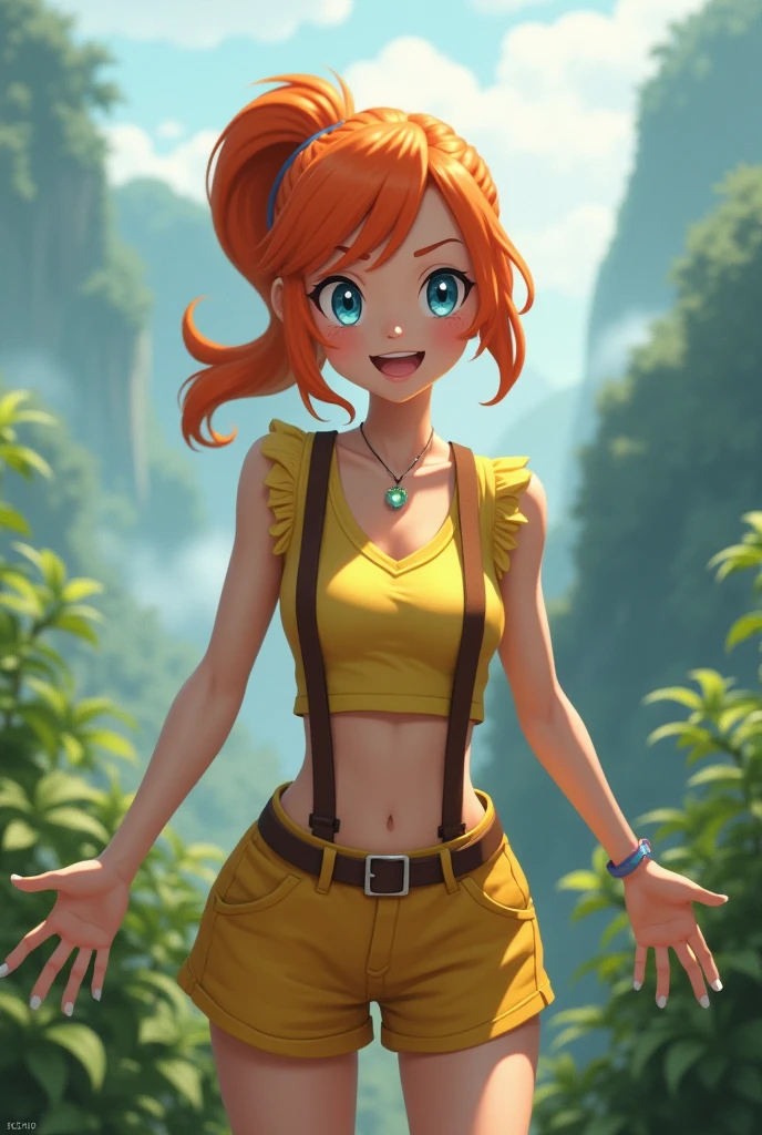 ((masterpiece,best quality)), absurdres, misty (pokemon) (cosplay), yellow crop top, suspenders, short shorts, misty (pokemon), solo, 1girl, short hair, blue eyes, orange hair, sideways ponytail, solo, smiling, looking at viewer, cowboy shot, gigantic breasts, loose top, outdoors, underboob