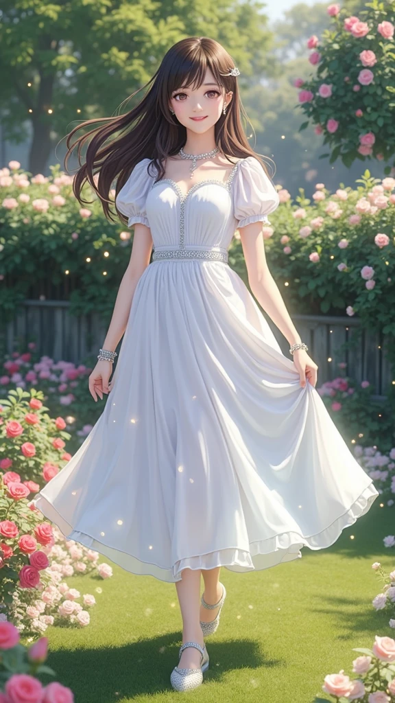 (masterpiece、Highest quality、8k、High resolution)、(One female、Beautiful Face、Beautiful eyes、Beautiful lips、Beautiful nose)、smile、The white upper teeth are faintly visible、Brown-black hair、(The best girl in anime)、garden、Colorful flowers are blooming、Vibrant colors、Red roses are beautiful、(Body、whole bodyから神秘的な光の粒子、Colorful light particles、A mysterious light glowing around the head)、melt、jewelry、necklace、dress、(whole body)、Highly detailed anime art、A complete portrayal、