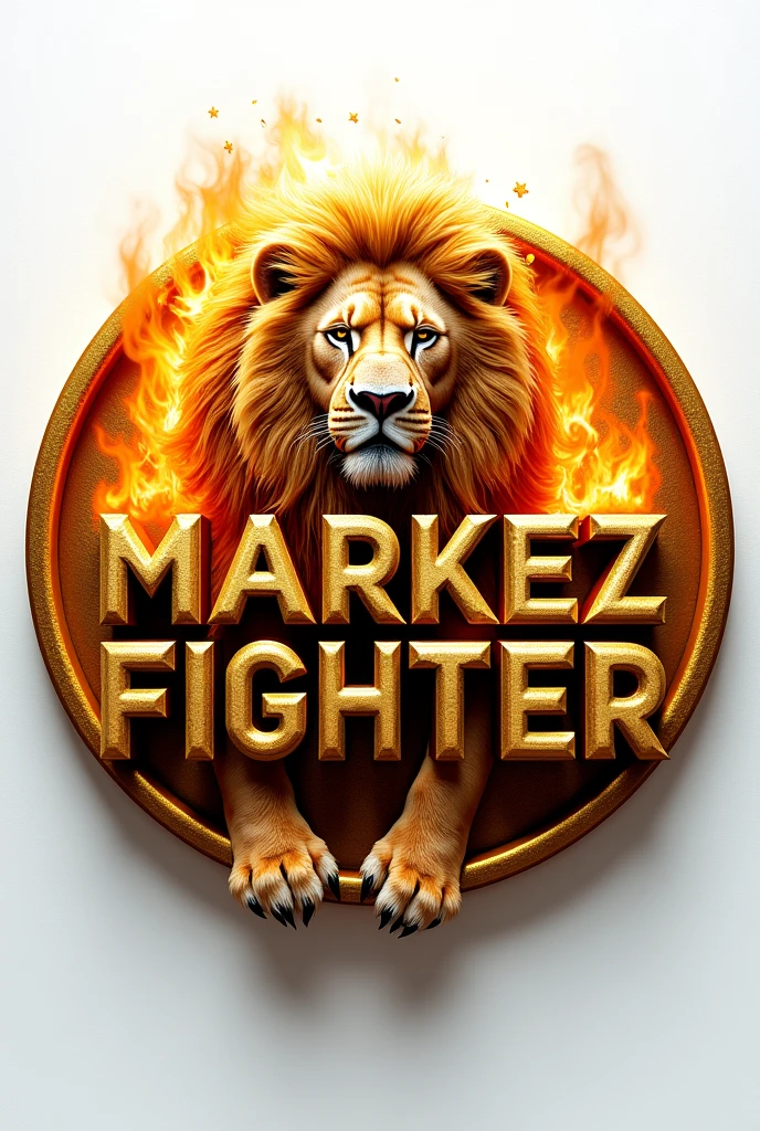 3D logo with name written "MARKEZ FIGHTER " there is a ROASTING LION behind the writing, round shape, emboss effect, kuning steel, artistic elegance, glowing efek.auto focus, warna logo kuning metalik, white background