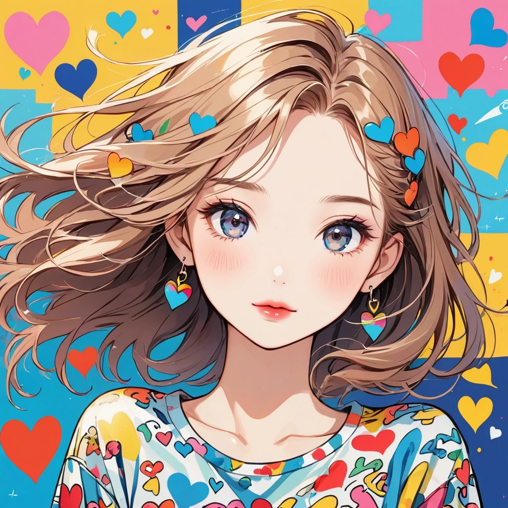 Keith Haring colorful style, Simple Line Initialism,Abstract art,Urban Background, (((The most beautiful girl of all time))), Sweet face. Lips in love, colorful hearts, stylish design