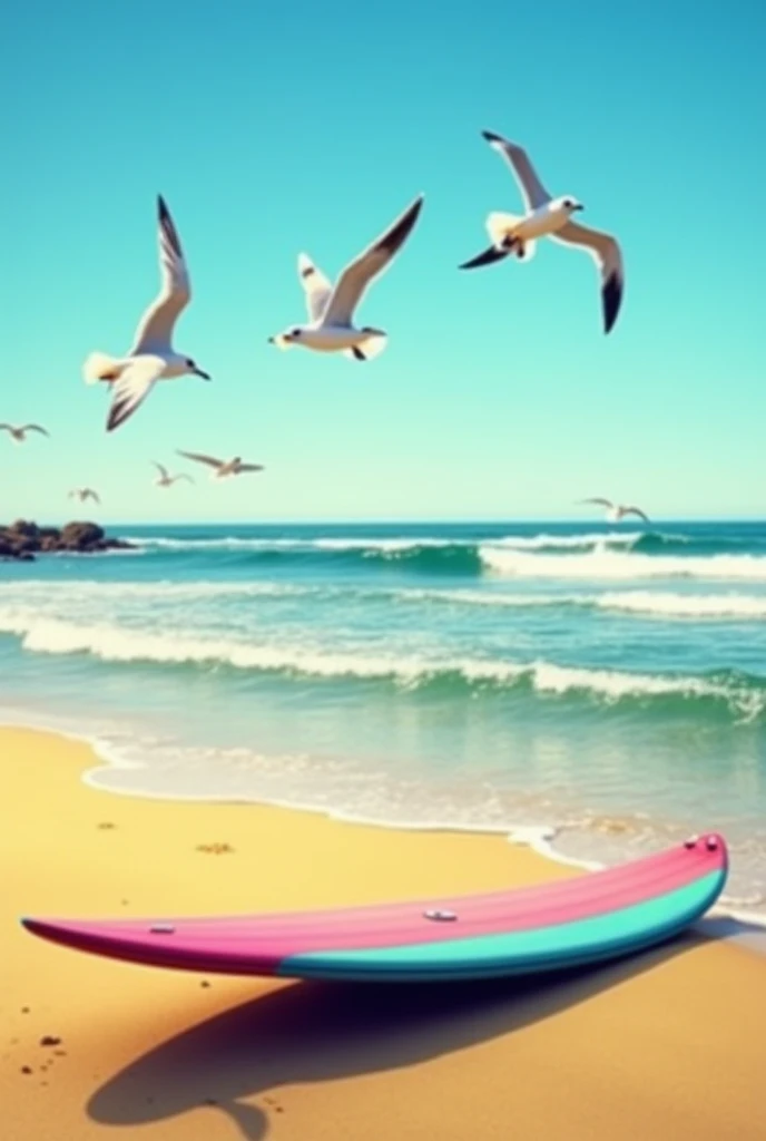 Surfboard on the beach with birds