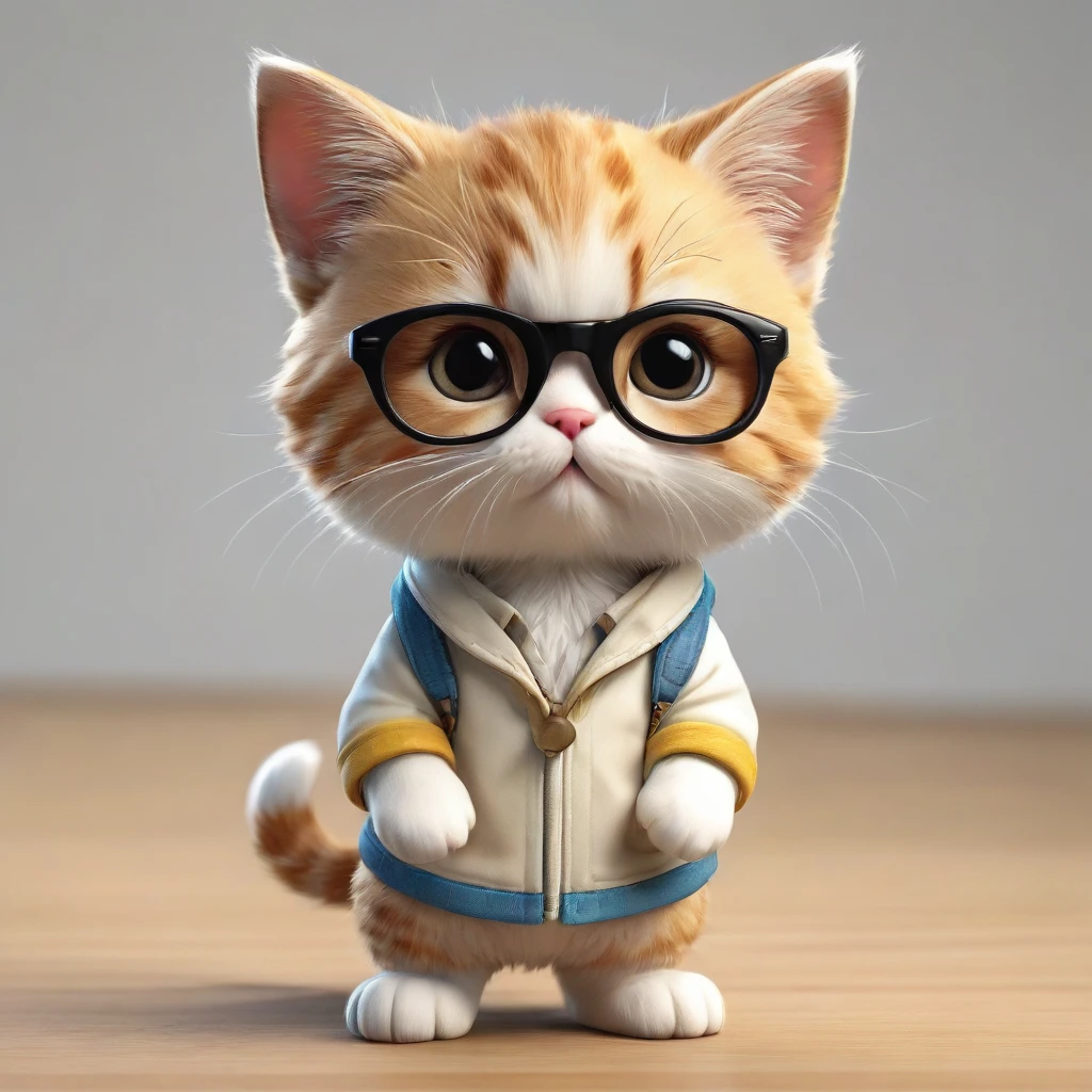 Highest quality,animal,cute,No humans,kitten,Stand on two legs，Hands at your side，brown，Wearing trainers,Wearing glasses