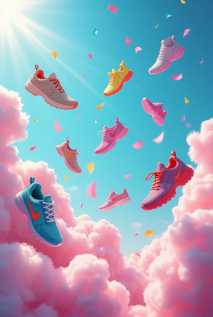 50x shoes flying in colourful sky