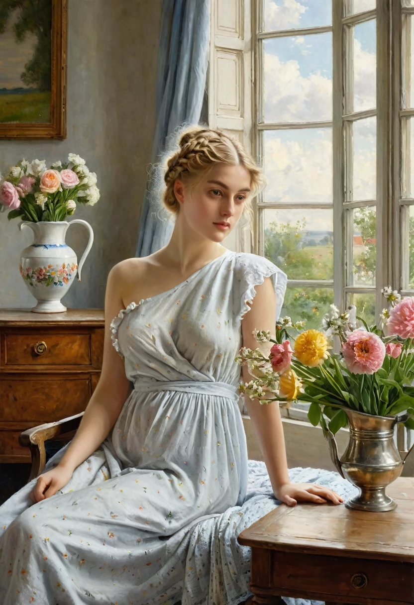 painting, girl sitting in an armchair in a room at a table by the window, nightgown pulled down from one shoulder, bare breasts, mirror and a pitcher of flowers on the table, bed with a folded blanket in the background, Victor Marais Milton, Delphine Enjolras, summer morning, Albert Lynch, Arthur Quartley, art by Emil Eisman - Semenovsky, Philippe de Laszlo, morning, Gaston Bussières, blond braid, Ferdinand Knabe
