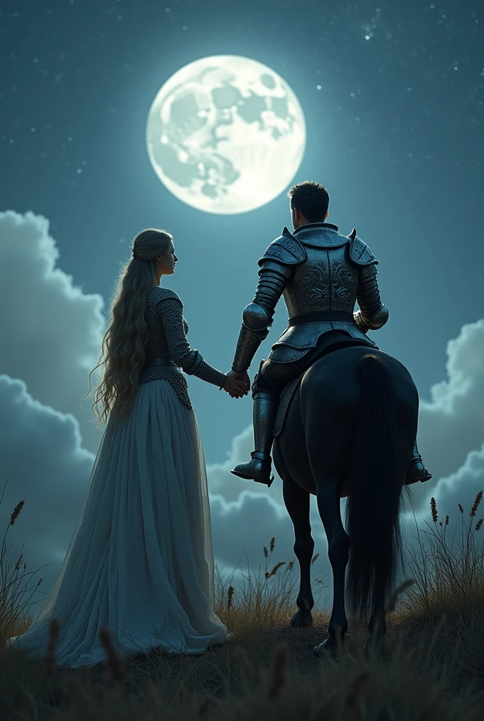 Dame and knight facing the moon while holding hands and there is a horse by their side 