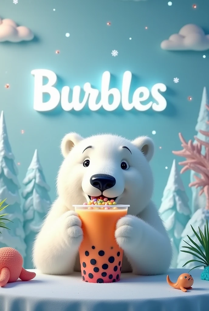 Create me an image of a polar bear drinking a boba tea sign that says burbles less animated