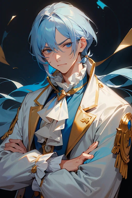 A Man, long dull blue hair, blue eyes, slightly annoyed countenance, 18th century clothes, a white jacket with gold details and buttons, wears an opaque light blue vest underneath, a white shirt with ruffles at the neck.