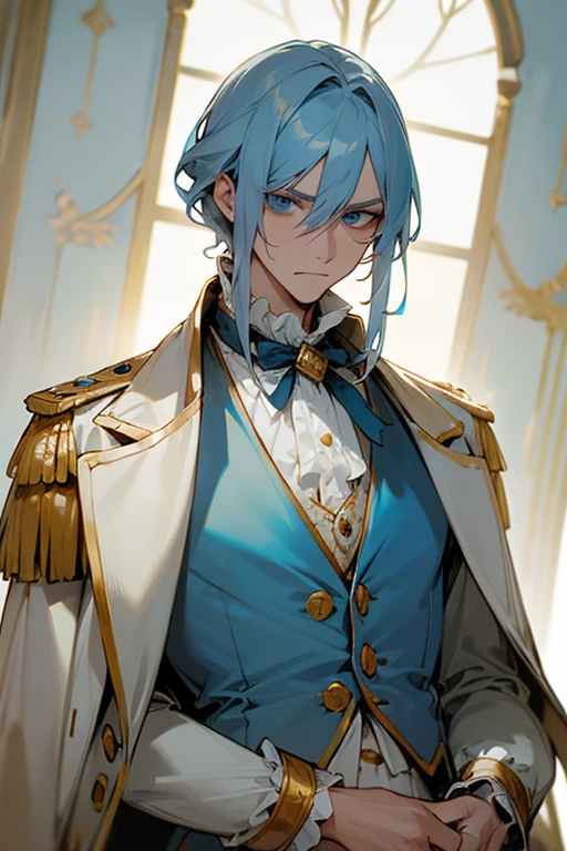 A Man, long dull blue hair, blue eyes, slightly annoyed countenance, 18th century clothes, a white jacket with gold details and buttons, wears an opaque light blue vest underneath, a white shirt with ruffles at the neck.