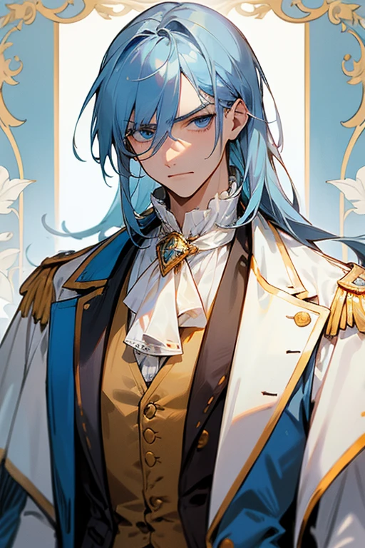 A Man, long dull blue hair, blue eyes, slightly annoyed countenance, 18th century clothes, a white jacket with gold details and buttons, wears an opaque light blue vest underneath, a white shirt with ruffles at the neck.
