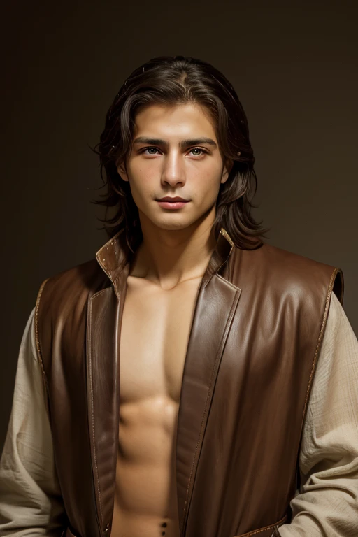 3800 BC、A young man from Armenia。He is 178cm tall and wears linen clothes with a leather belt.、Wearing animal skin boots and carrying a bow and arrow。The race is of Jewish and Aramaean descent.。Her hair is light brown, wavy and short.。The eyes are green and sharp, but droopy.。Looking at the other person with a slightly gloomy expression。