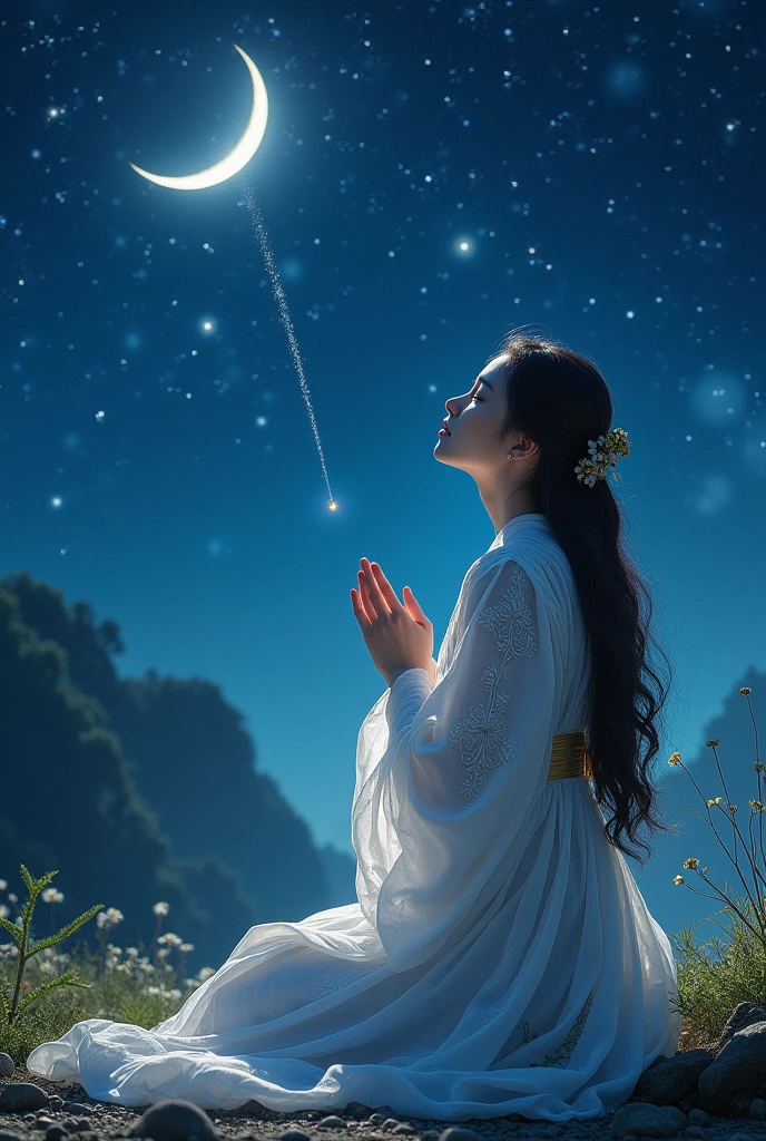 Starry Sky, shooting star, crescent moon, shrine maiden praying up to the heaven,