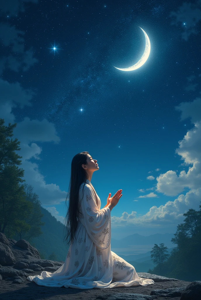 Starry Sky, shooting star, crescent moon, shrine maiden praying up to the heaven,