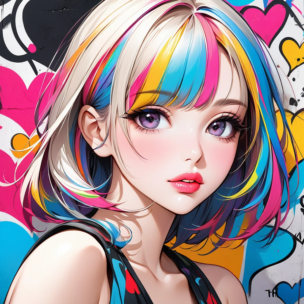 Ultra-realism Micho colorful style, Simple Line Initialism,Abstract art,(((The most beautiful girl of all time))), Sweet face. Lips in love, colorful hearts, stylish design, Summer beach fashion, Dark Eyes, Graffiti on the wall