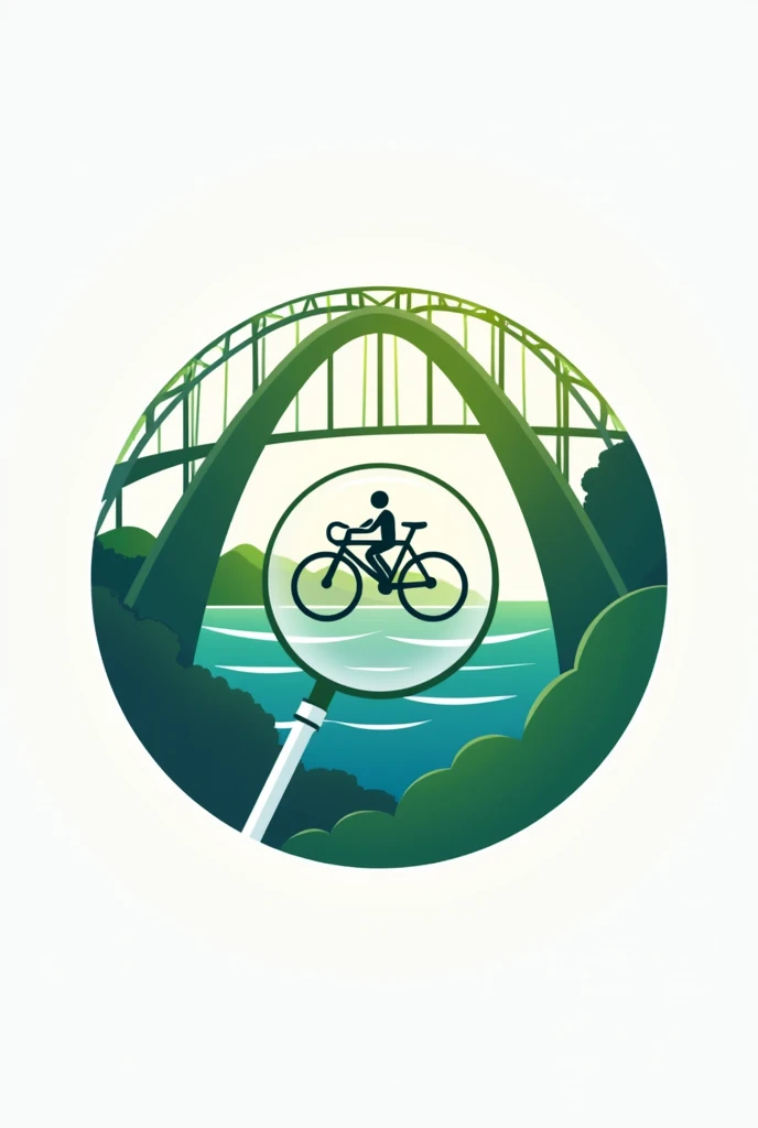 Create a logo with the initiative to create a cycling community in the city of Florianópolis, sc. The logo must contain a reference to the Hercílio Luz bridge, a magnifying glass (to look for new cyclists),it is clear, a bicycle.
