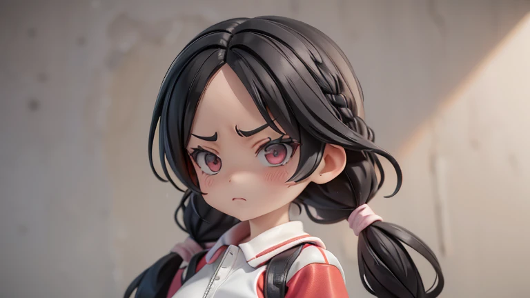 Girl、Primary school students、small、Angry、Screaming、sharp、Black Hair,、Pigtails、Braid、The forehead is visible、Forehead、Jersey、Tracksuits、Clothing patterns、Clothing Design、The front is open、whole body、