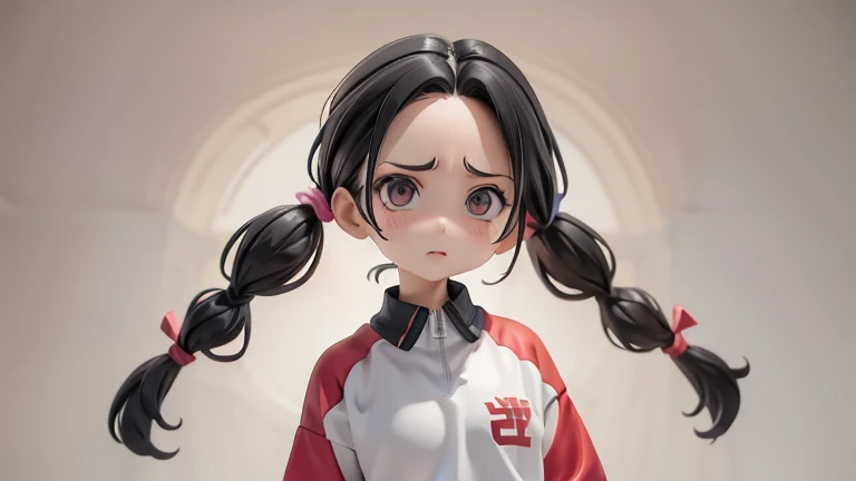 Girl、Primary school students、small、Angry、Screaming、sharp、Black Hair,、Pigtails、Braid、The forehead is visible、Forehead、Jersey、Tracksuits、Clothing patterns、Clothing Design、The front is open、whole body、