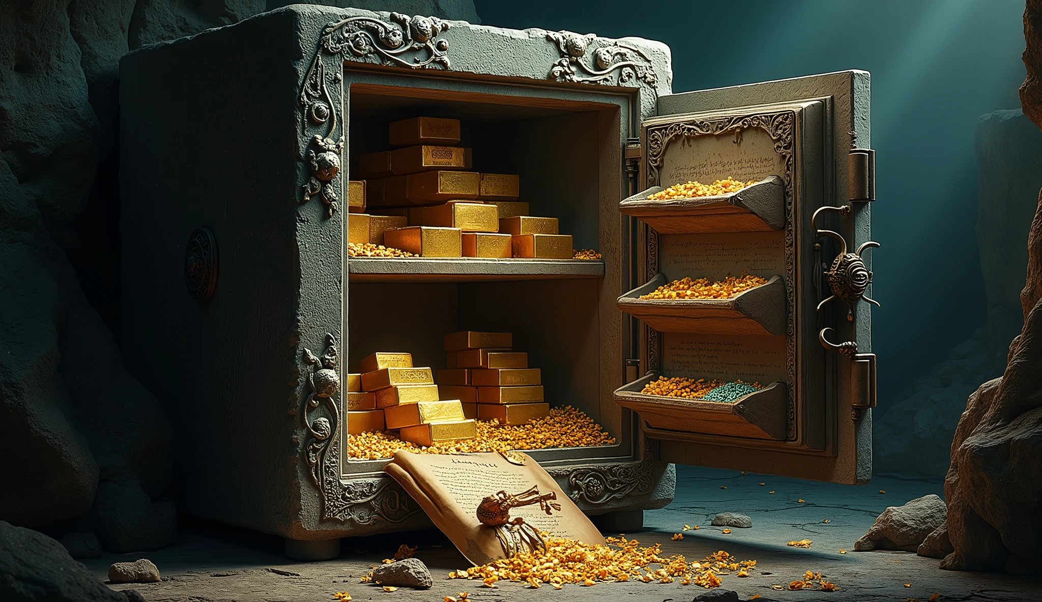 Create a detailed image of an ancient open stone safe, revealing different compartments within it, each containing a type of wealth: gold bars, scrolls of parchment, seeds, and precious stones. Each compartment is carefully filled and protected, symbolizing the idea of diversification. Next to the safe, a hand holding a small key must be about to lock the safe, suggesting the safety and security that diversification offers.