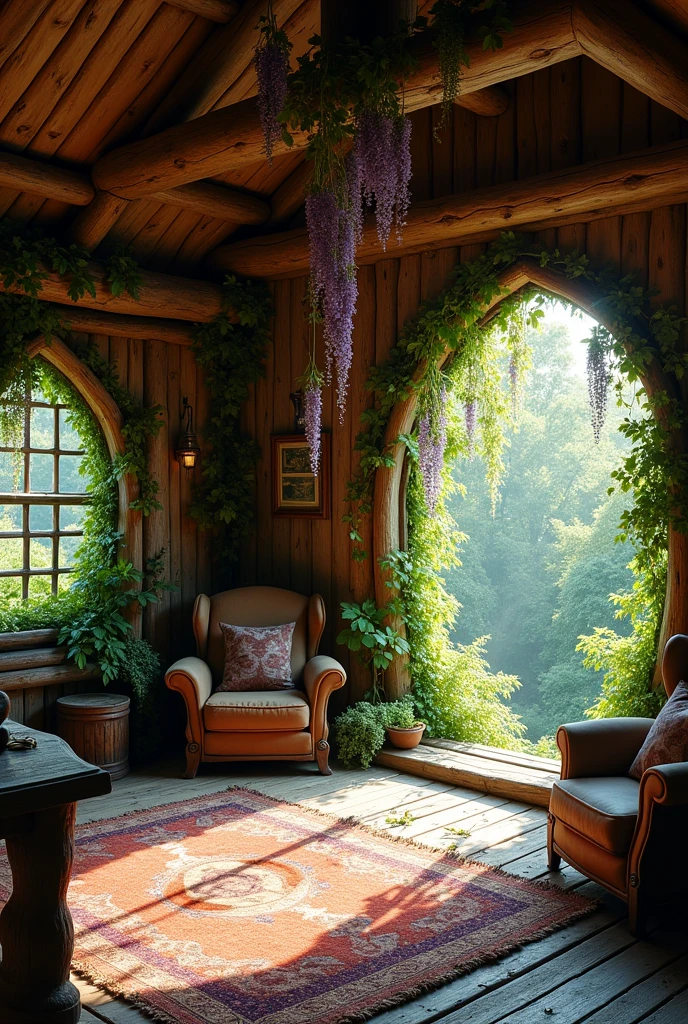 Photo of the interior of the living room of a deserted elven cottage. Prise de vue en perspective. Glycine partant du sol jusqu'au plafond. Style hobbit