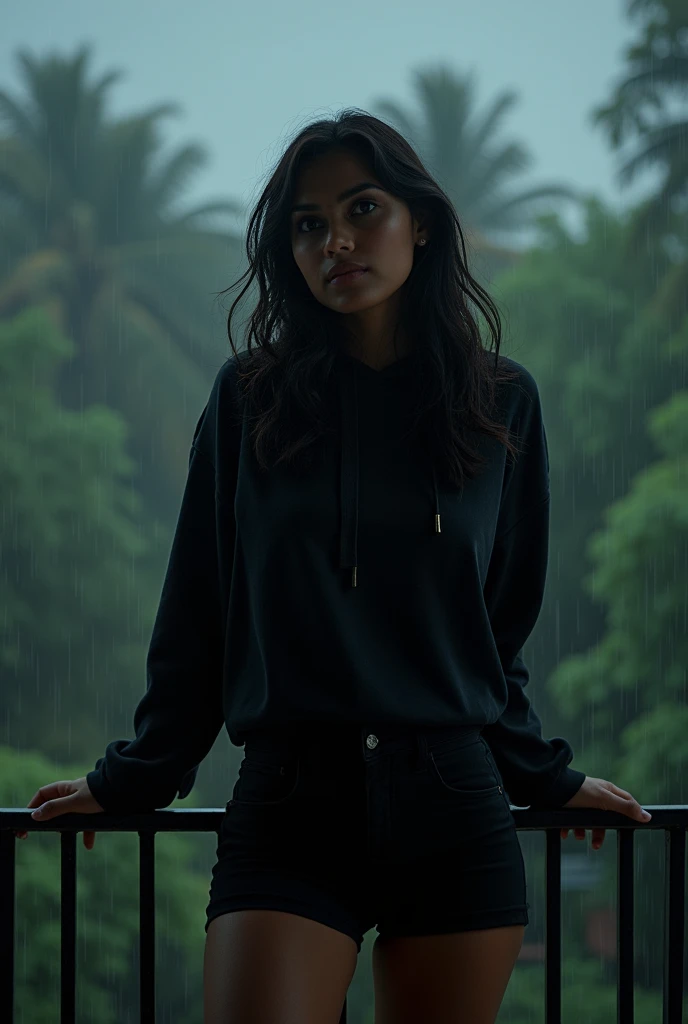 best quality,4k,8k,highres,masterpiece:1.2),ultra-detailed,(realistic,photorealistic,photo-realistic:1.37),srilankan 25 year old girl, with attractive facial features,beautiful detailed eyes,beautiful detailed lips,extremely detailed eyes and face,longeyelashes,partialy fair skin tone. wearing a black hoodie and black shorts, rainy day, dark atmosphere, posing elegantly for an instagram picture. standing on her room balcony while its raining. both hands holding the balcony fence, she's admiring the rain