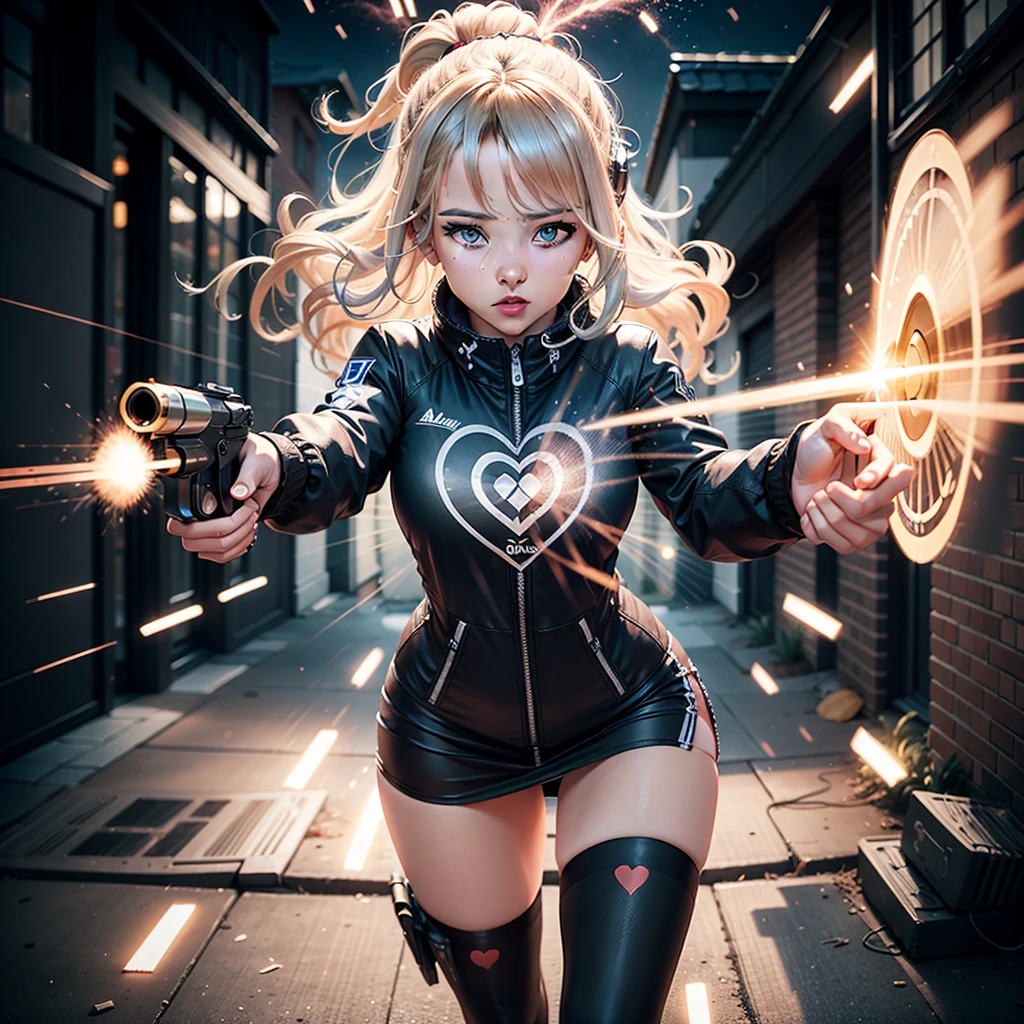 An image of a projectile. Balande revolver moving in the air. With heart designs printed on them. 8k Art. Spotify music cover quality.