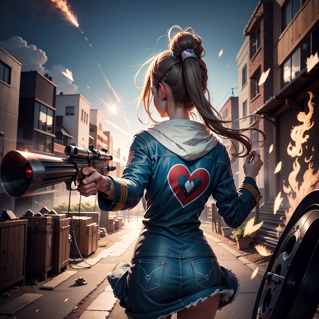 An image of a projectile. Balande revolver moving in the air. With heart designs printed on them. 8k Art. Spotify music cover quality.