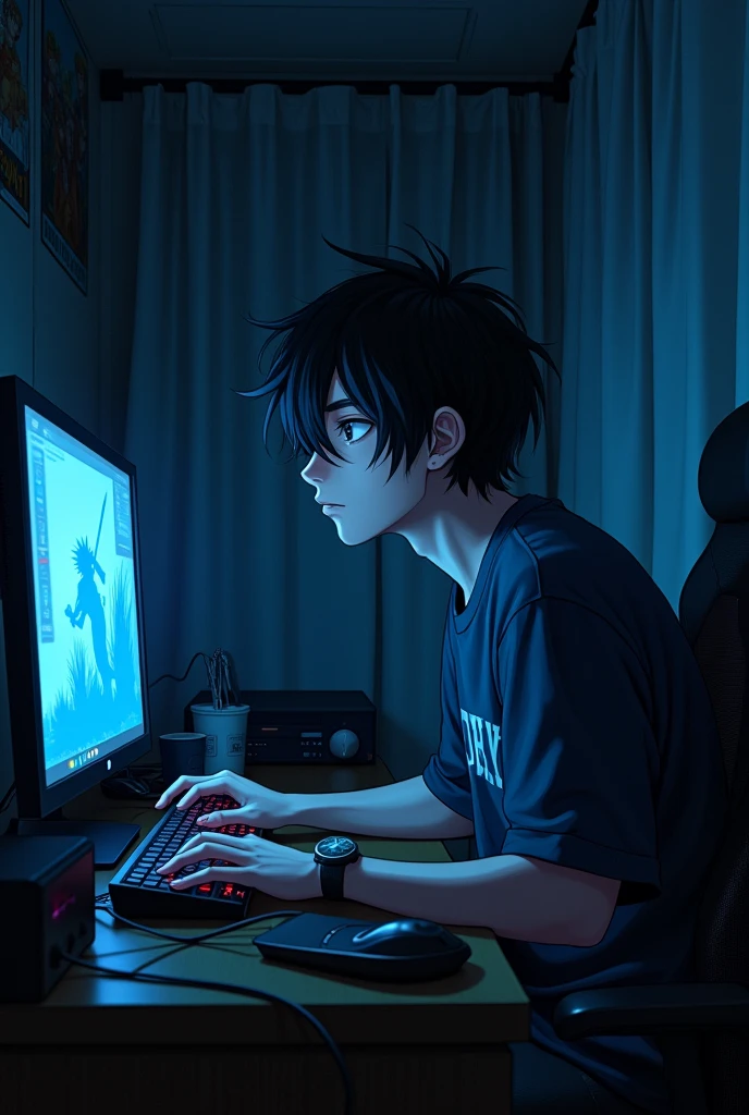A nineteen year old anime boy with very very very thick black hair that slightly covers his face. He plays on the computer in his dark room with the curtains closed. he's tall and a little muscular