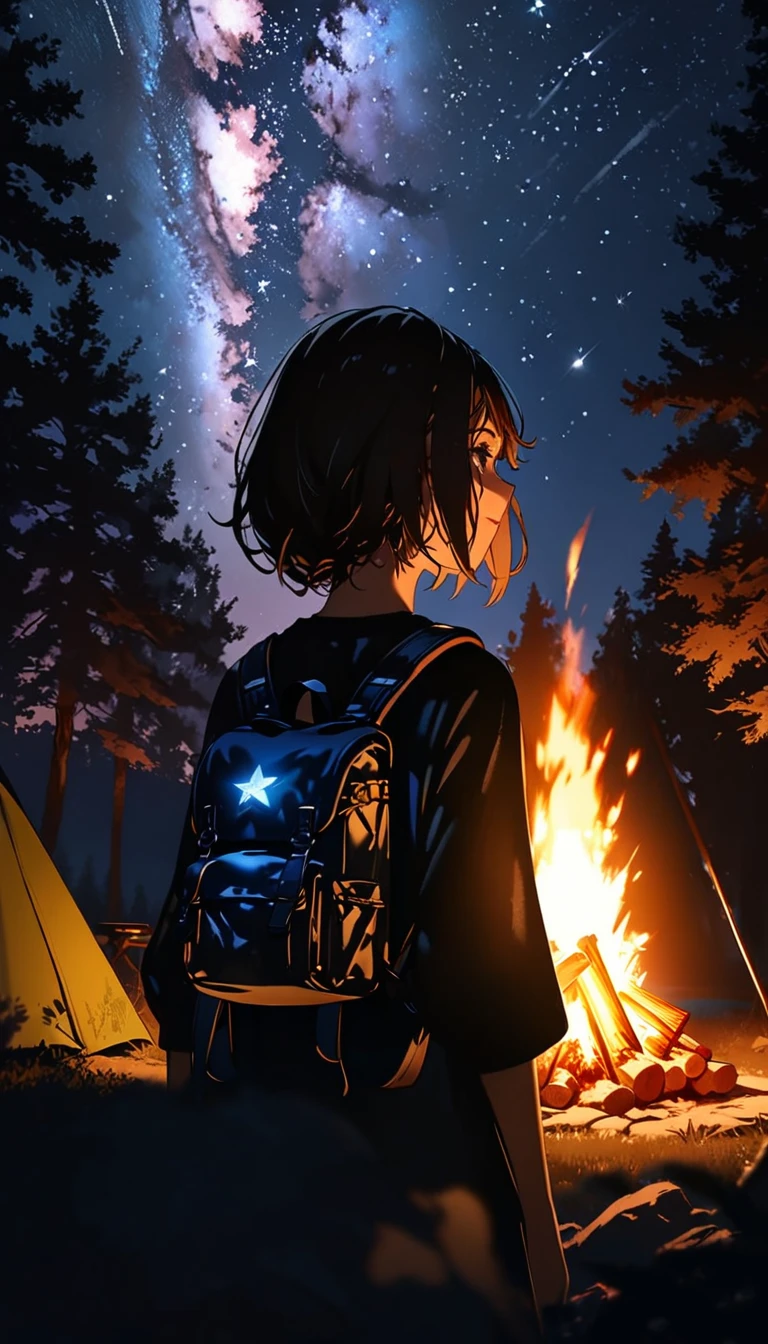 1 girl, ((super detailed, high resolution, super detailed, top quality, amazing, top quality, highly detailed CG Unity 8k wallpaper, cinematic lighting)), campfire, lakeside at night, tent and camping gear, girl with back to camera, back shot, looking up at sky, stars, good times, wide open spaces, wilderness, soft campfire light, best memories,