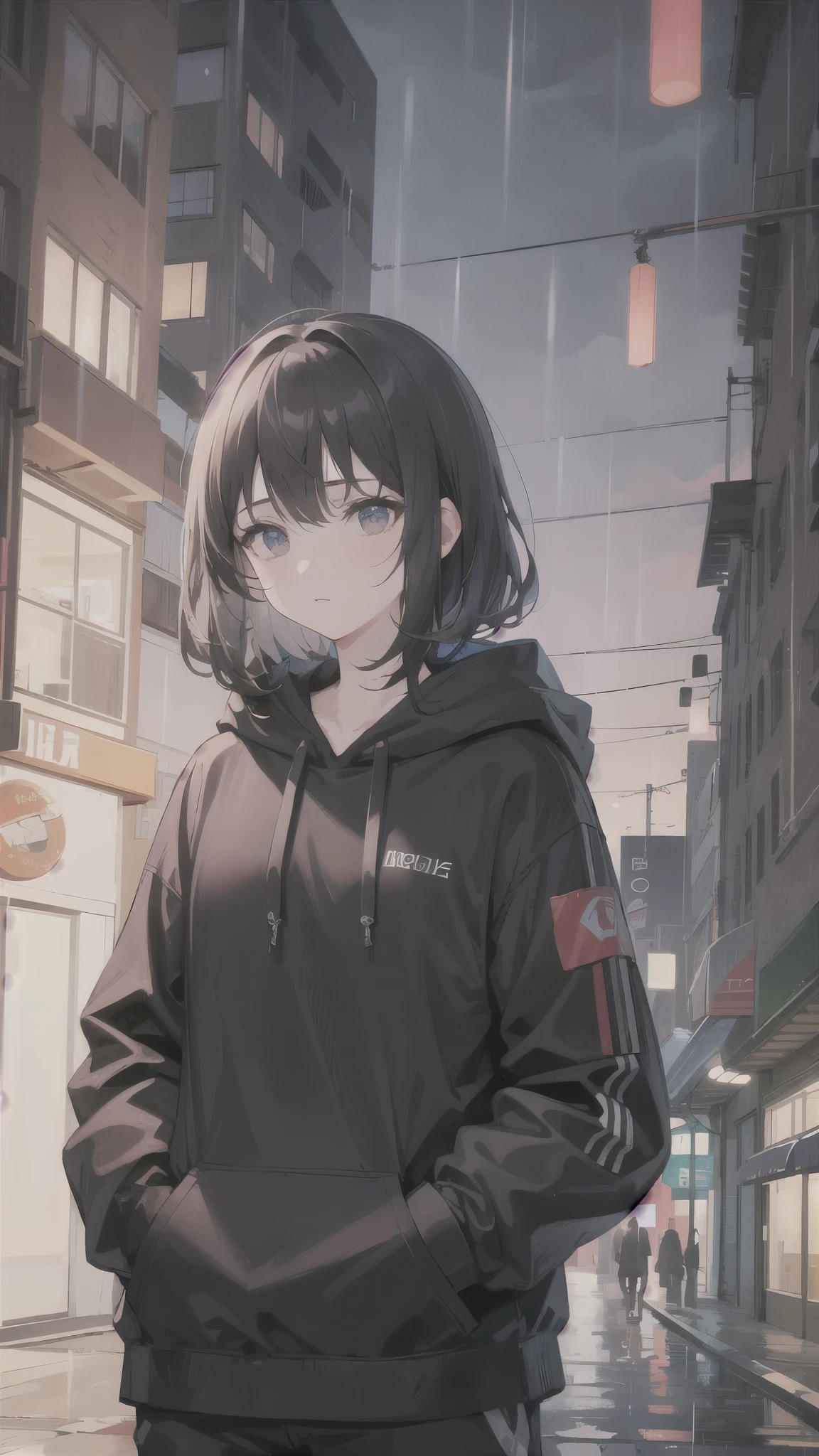 , headphone, Highest quality, Black Hair, One person who keeps their mouth shut, City、Backwards、Solo looking this way, chest, Bob Hair、He is wearing a black hoodie with his hands in his pockets、On top of a building、Listening to music、Messy Hair、Games、Ultra delicate、night、rain、Rim Light