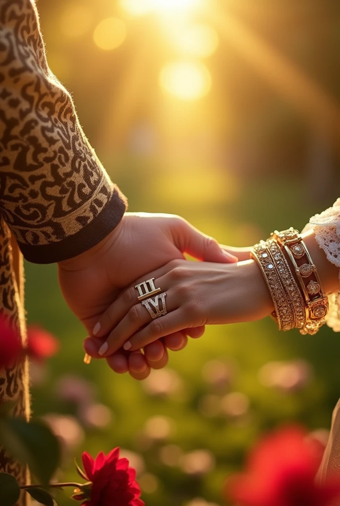 King hold hands of queen with alphabet
letter R and queen hold hands of king with alphabet letter N ,Sunshine background.