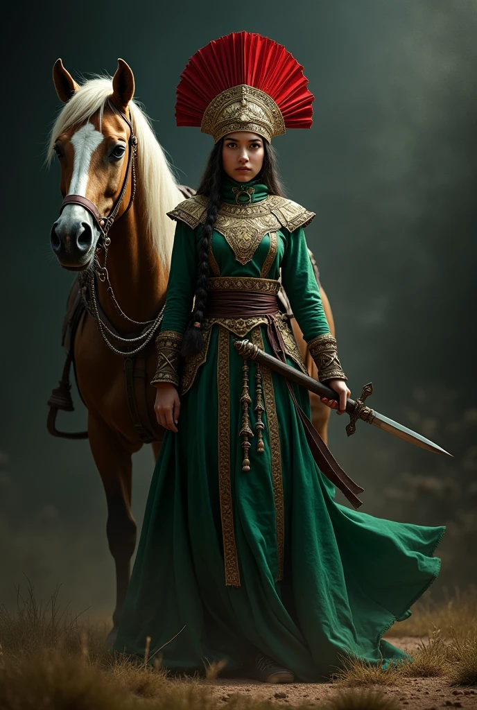 A girl warrior of the Turkic time, Kazakh appearance red headdress trimmed with gold, Full-length, green glash, With a sharp weapon, a horse next to him, Dark back ground, Warlike Face