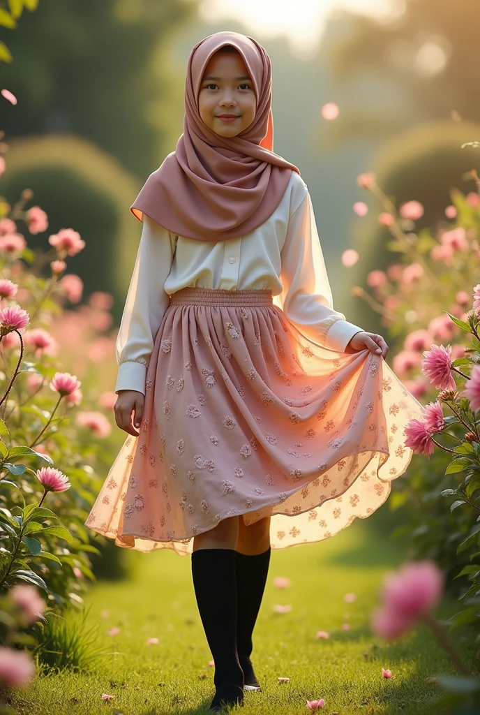 15 year old girl with headscarf, black long socks and skirt