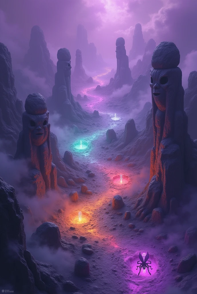 Generate a map of the interworld for the game DnD in 2D format with a top view with several portals of different colors and a large number of stone statues in the form of ants. The entire space should be filled with translucent purple fog.